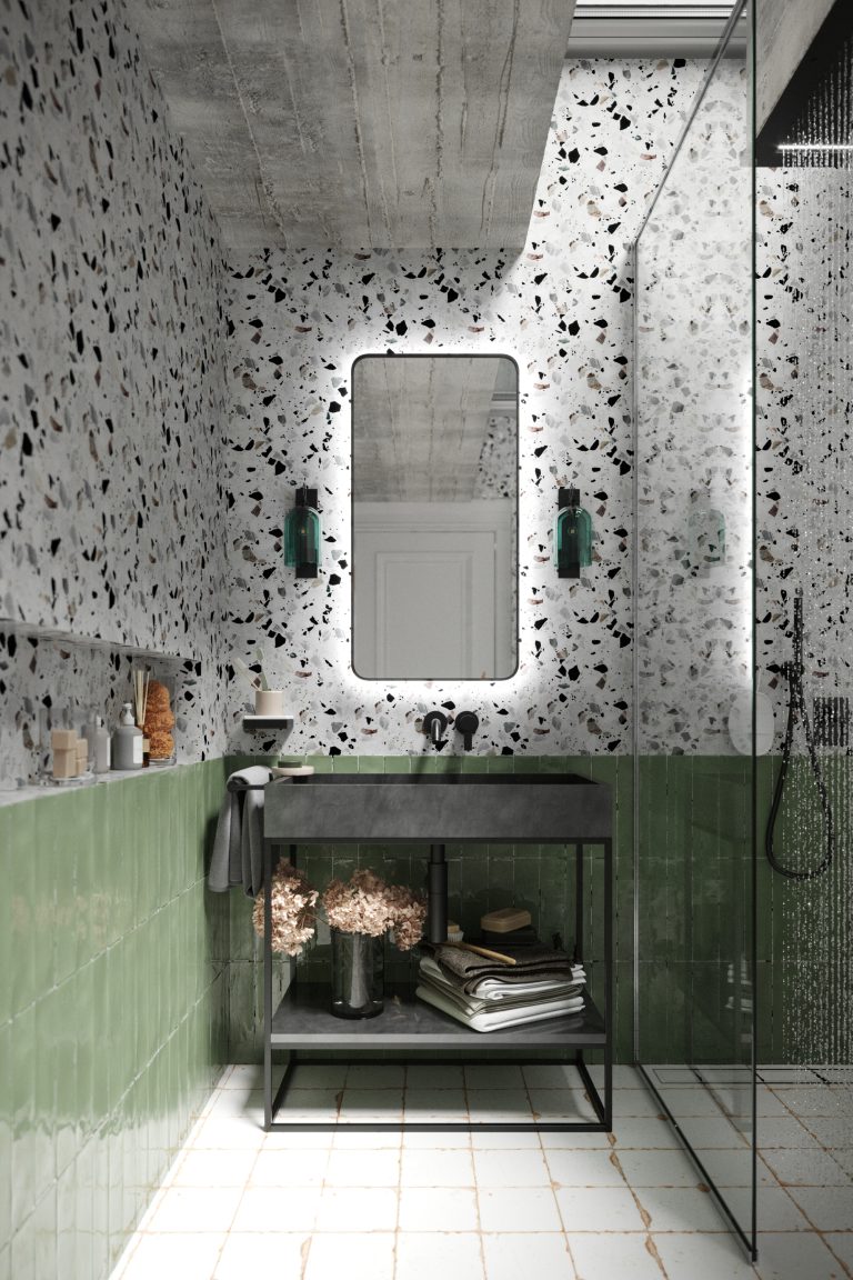Podświetlane lustro Corner Black LED z czarnymi zaokrąglonymi rogami w łazience z lastryko