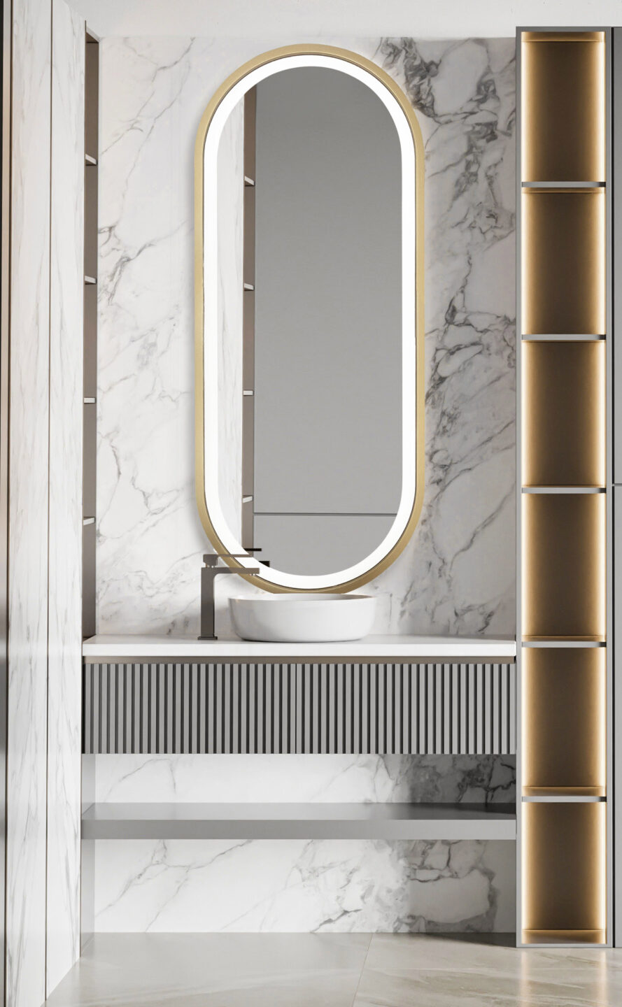 Lustro LED w złotej ramie OVAL VANITY - idealne do łazienki i do makijażu