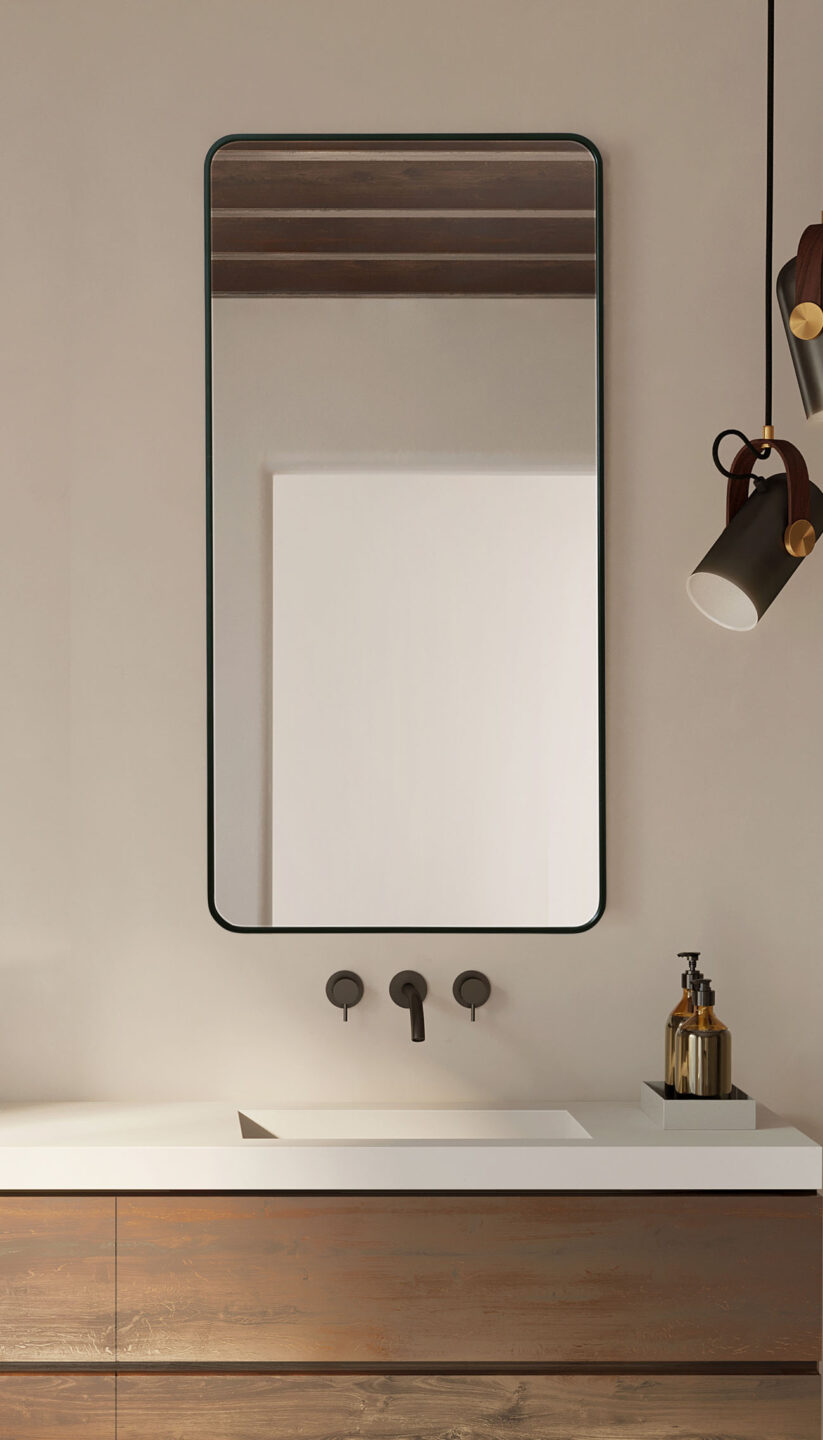 Czarne lustro Corner Black nad zlewem w łazience