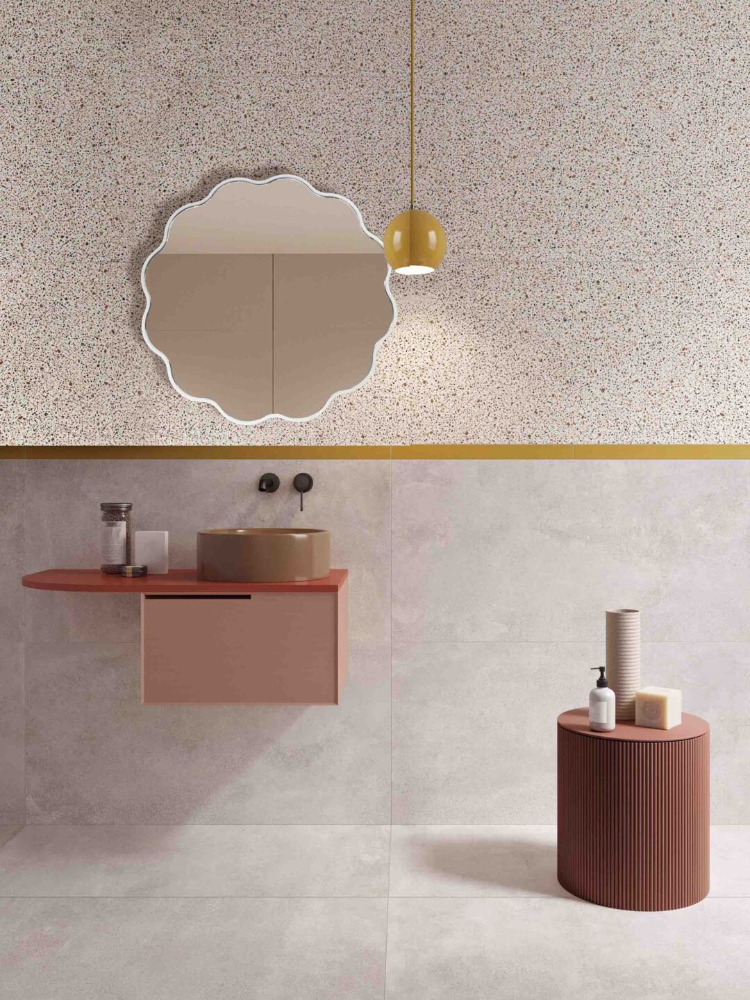 biale lustro ribbon w lazience nad rozowa umywalka